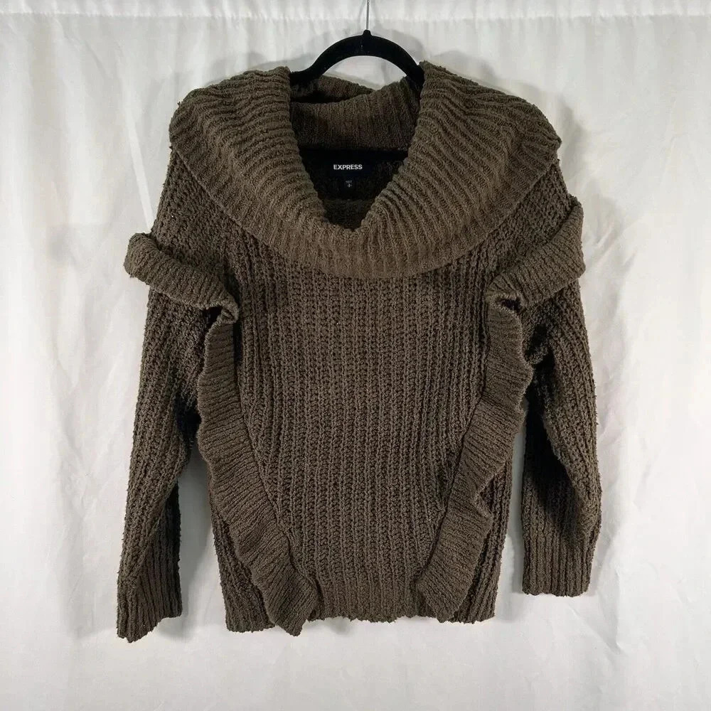 Express Sweater Women's Small Green Open Knit Cowl Neck Long Sleeve Pullover